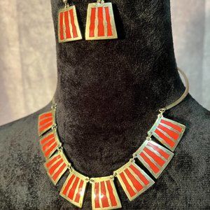 Silver - Burnt Orange Choker Necklace And Earrings Set